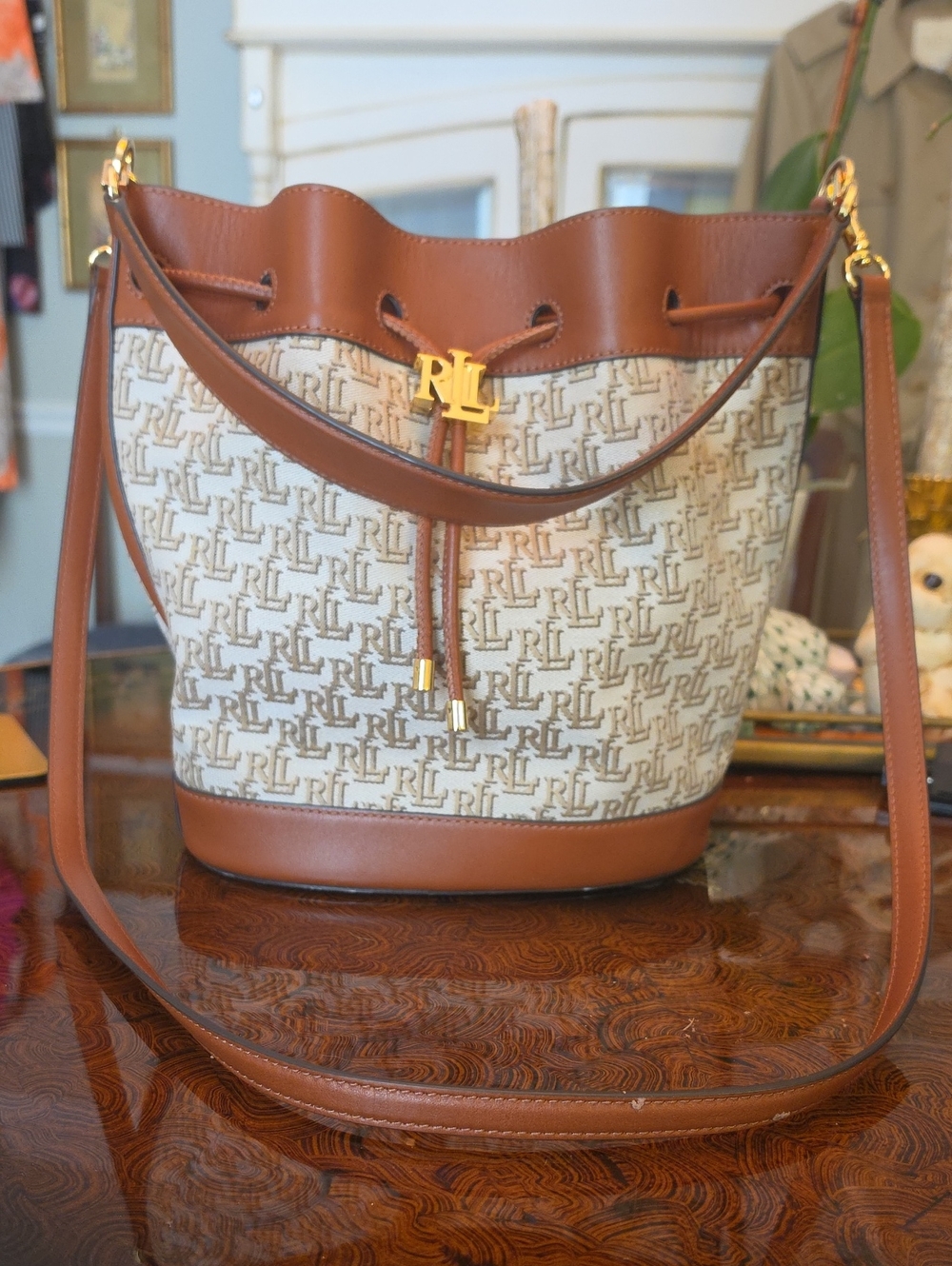 Lauren Ralph Lauren Andie Monogram Jacquard Drawstring 2 Way Bucket Bag